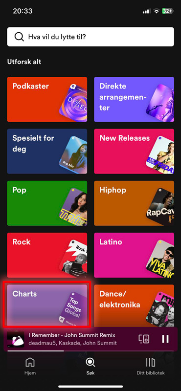 i søkefeltet til Spotify vil du finne 'charts' som viser de sangene som har mest avspillinger